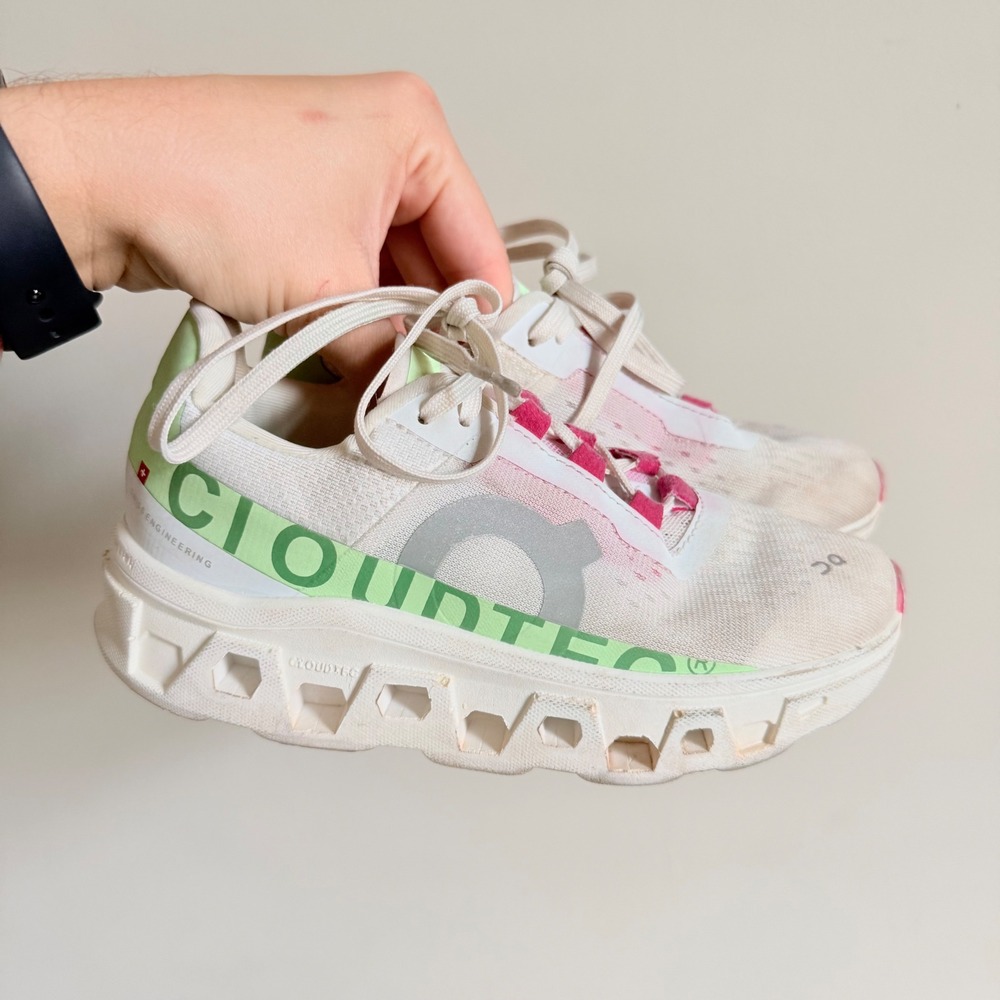 On Cloudmonster Kids Running Shoes White Pink Lime Green US 1.5Y EU 33 UK 1